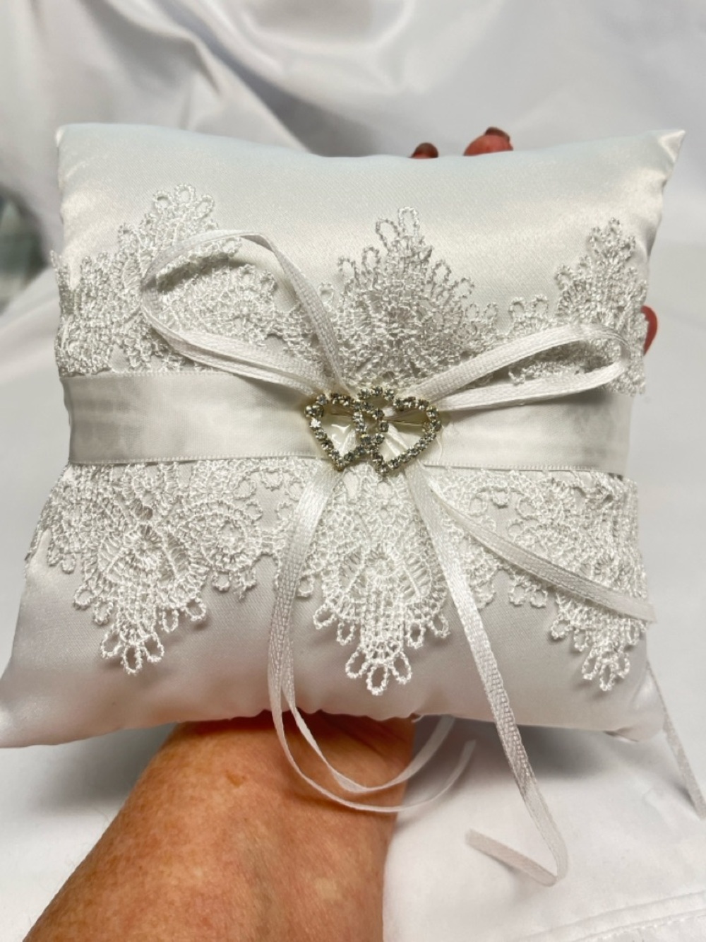 Ring Bearer Pillow NIP, White Satin, Rhinestone Hearts, Lace, 6”,